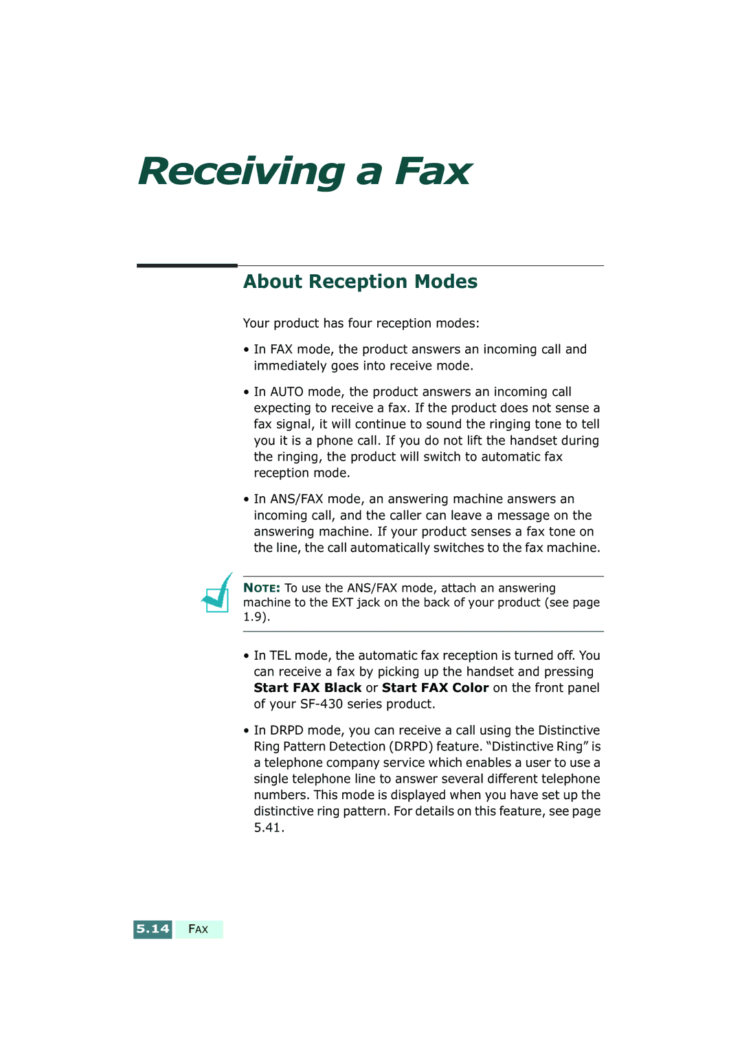Samsung SF-430 manual Receiving a Fax, About Reception Modes 