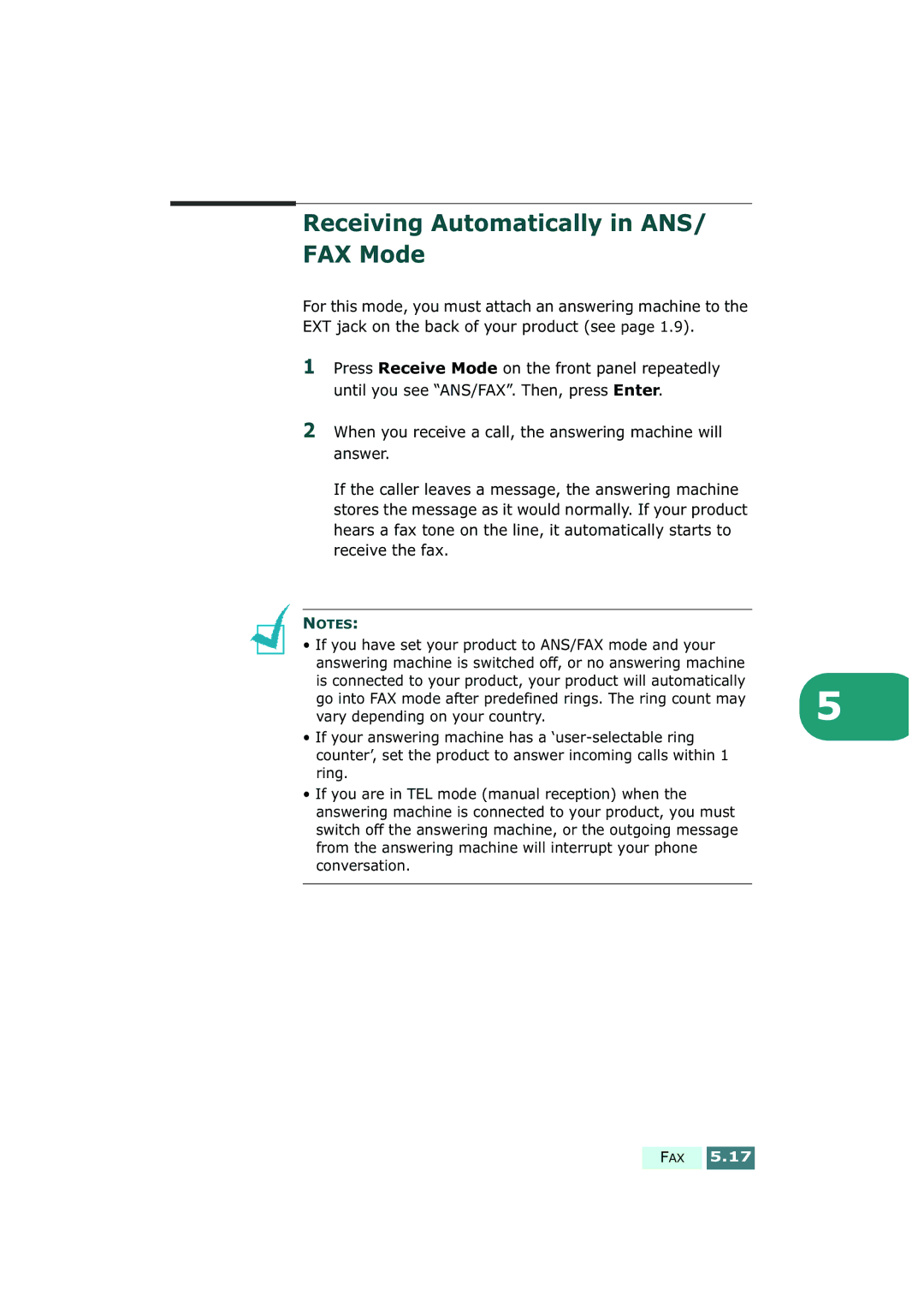 Samsung SF-430 manual Receiving Automatically in ANS FAX Mode 