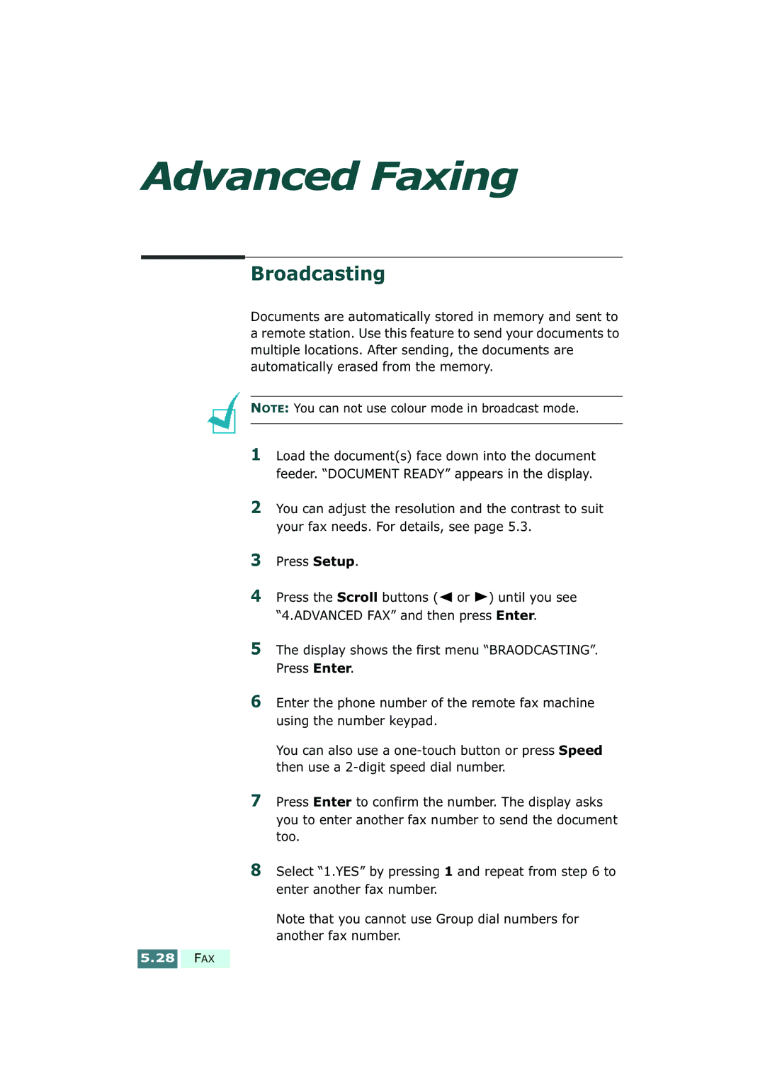 Samsung SF-430 manual Advanced Faxing, Broadcasting 