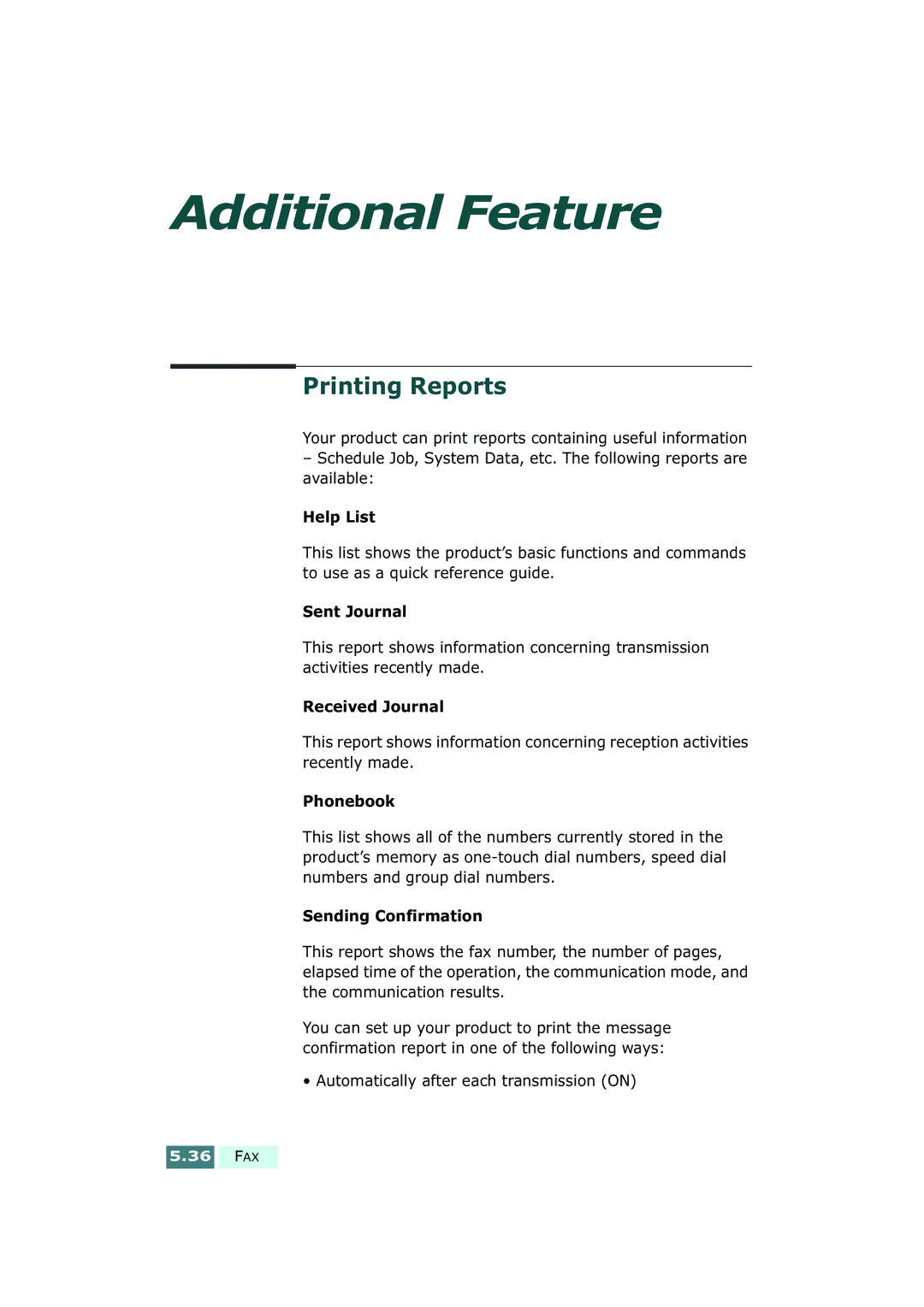 Samsung SF-430 manual Printing Reports 