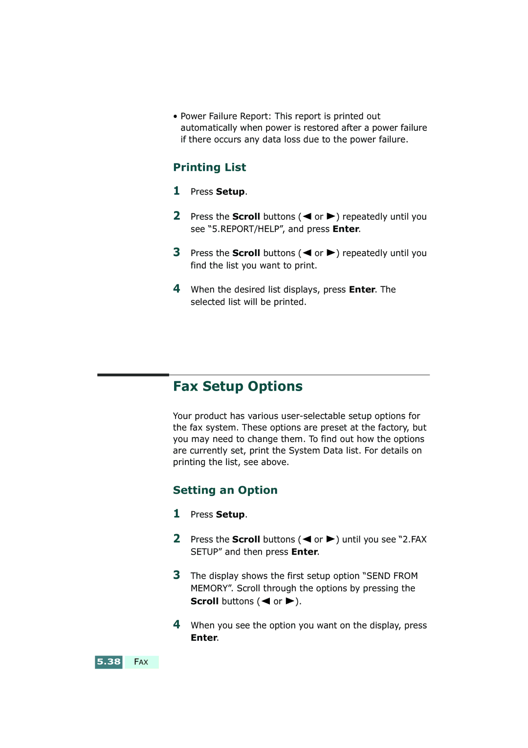 Samsung SF-430 manual Fax Setup Options, Printing List, Setting an Option 