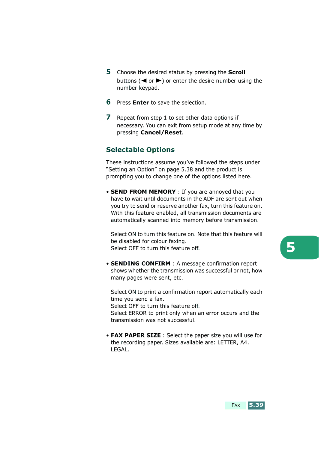 Samsung SF-430 manual Selectable Options 