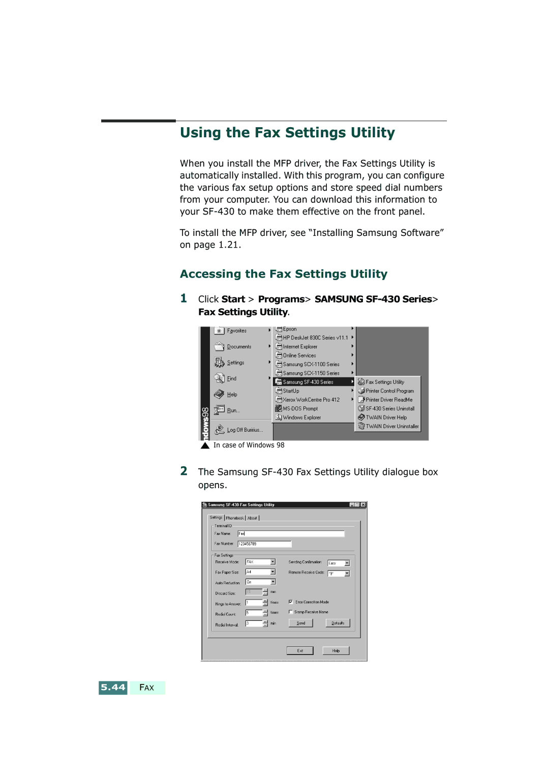 Samsung SF-430 manual Using the Fax Settings Utility, Accessing the Fax Settings Utility 