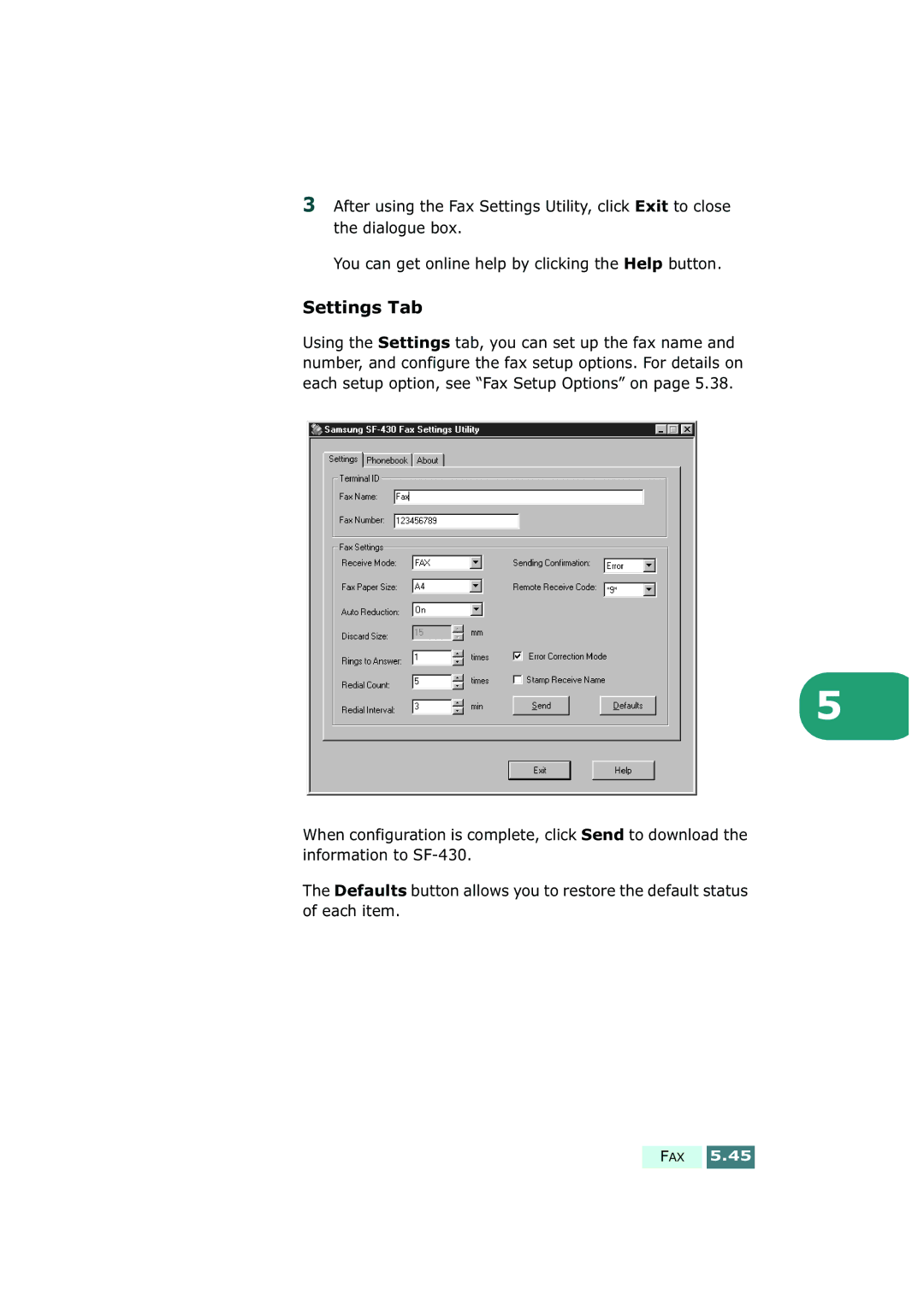 Samsung SF-430 manual Settings Tab 