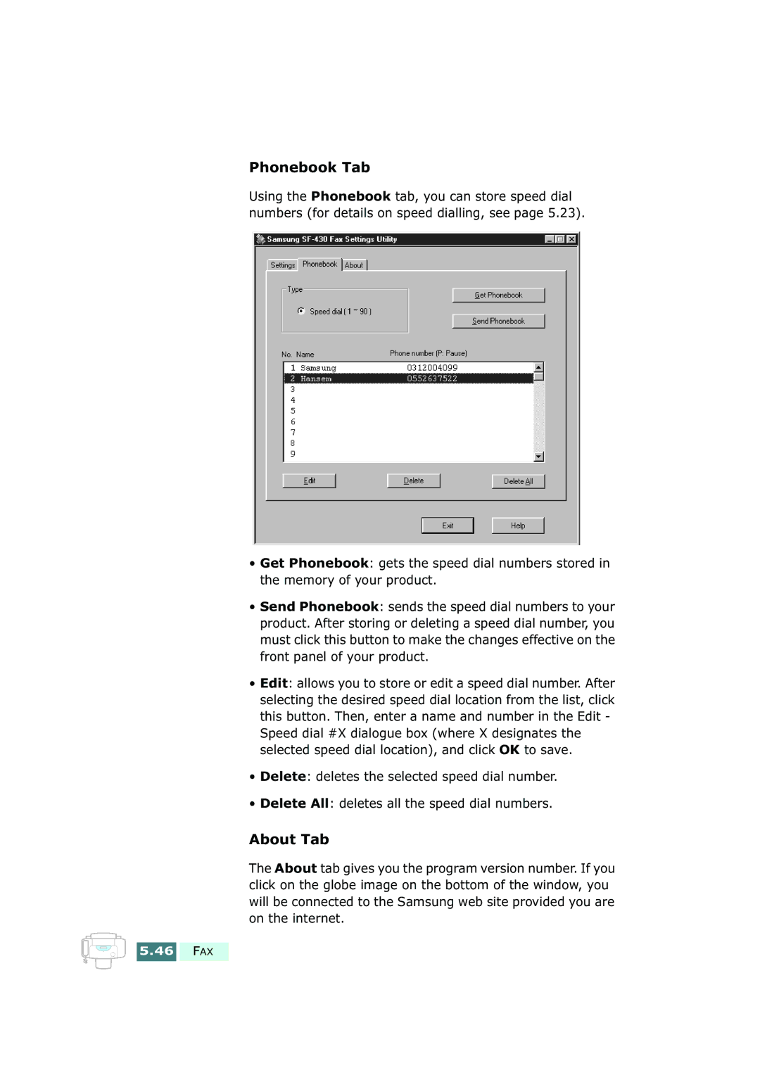 Samsung SF-430 manual Phonebook Tab, About Tab 