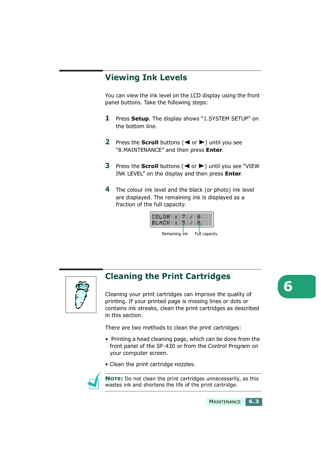 Samsung SF-430 manual Viewing Ink Levels, Cleaning the Print Cartridges 
