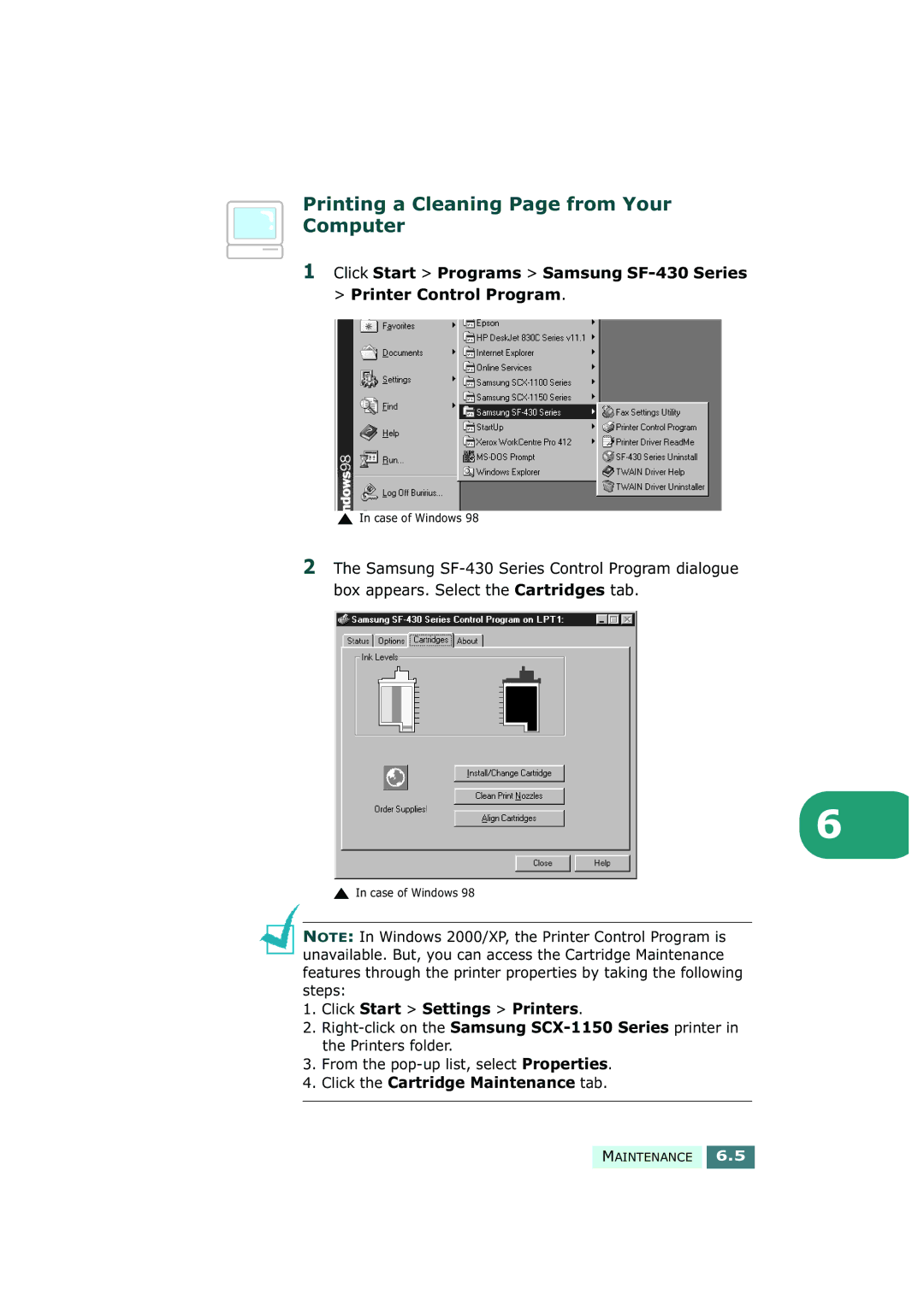 Samsung SF-430 manual Printing a Cleaning Page from Your Computer, From the pop-up list, select Properties 