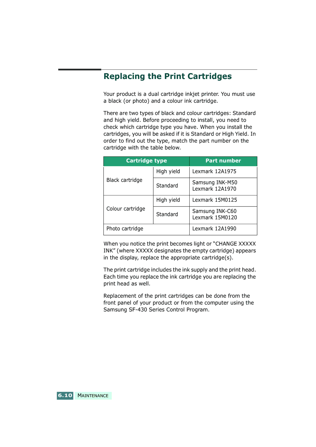 Samsung SF-430 manual Replacing the Print Cartridges 