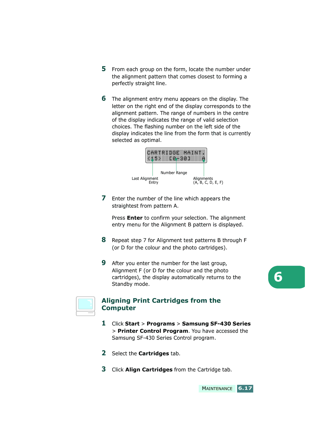 Samsung SF-430 manual Aligning Print Cartridges from Computer 