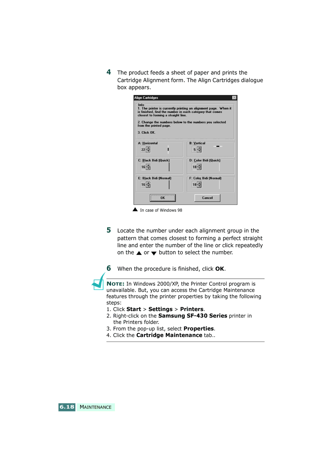 Samsung SF-430 manual When the procedure is finished, click OK, From the pop-up list, select Properties 