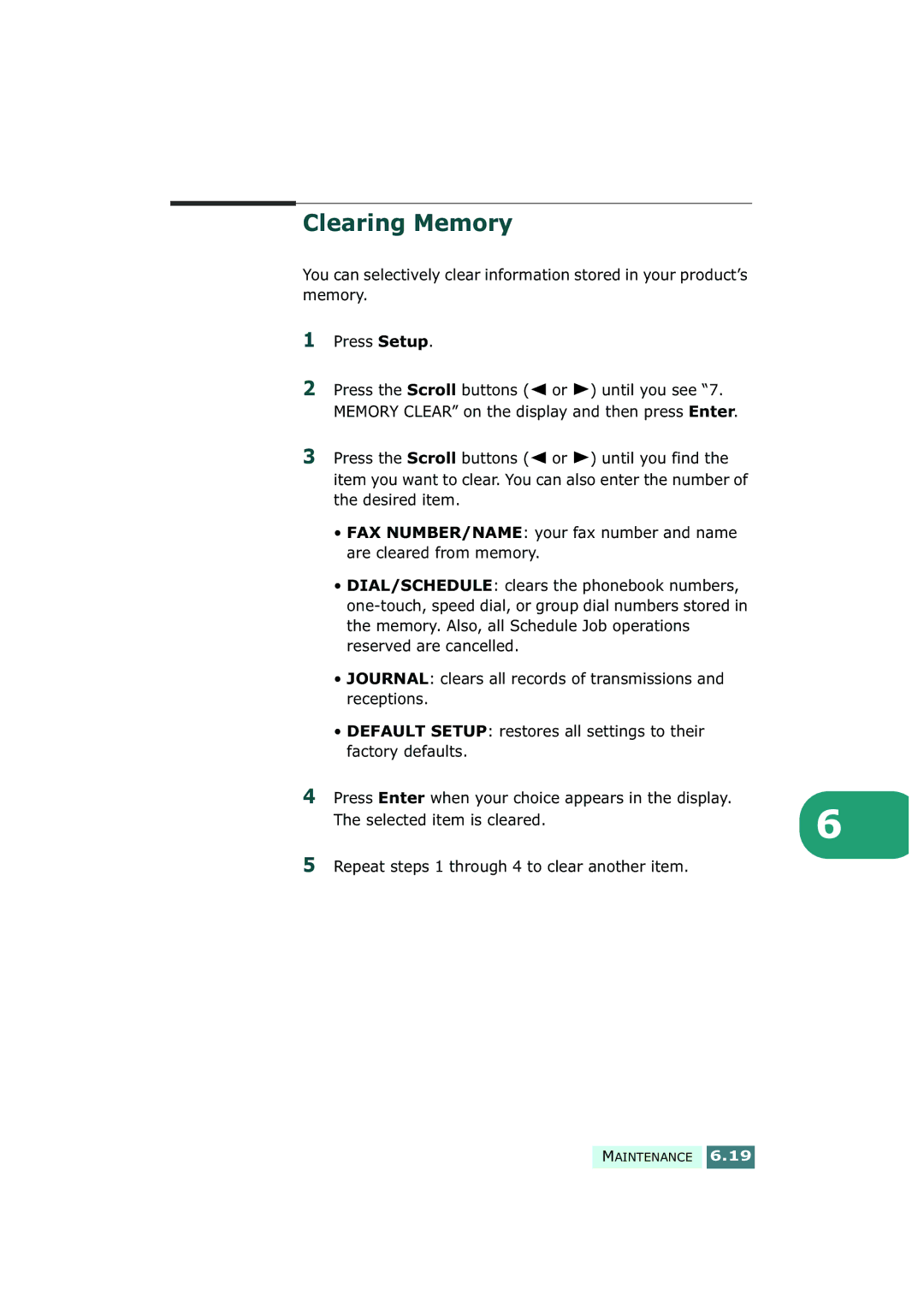 Samsung SF-430 manual Clearing Memory, Repeat steps 1 through 4 to clear another item 
