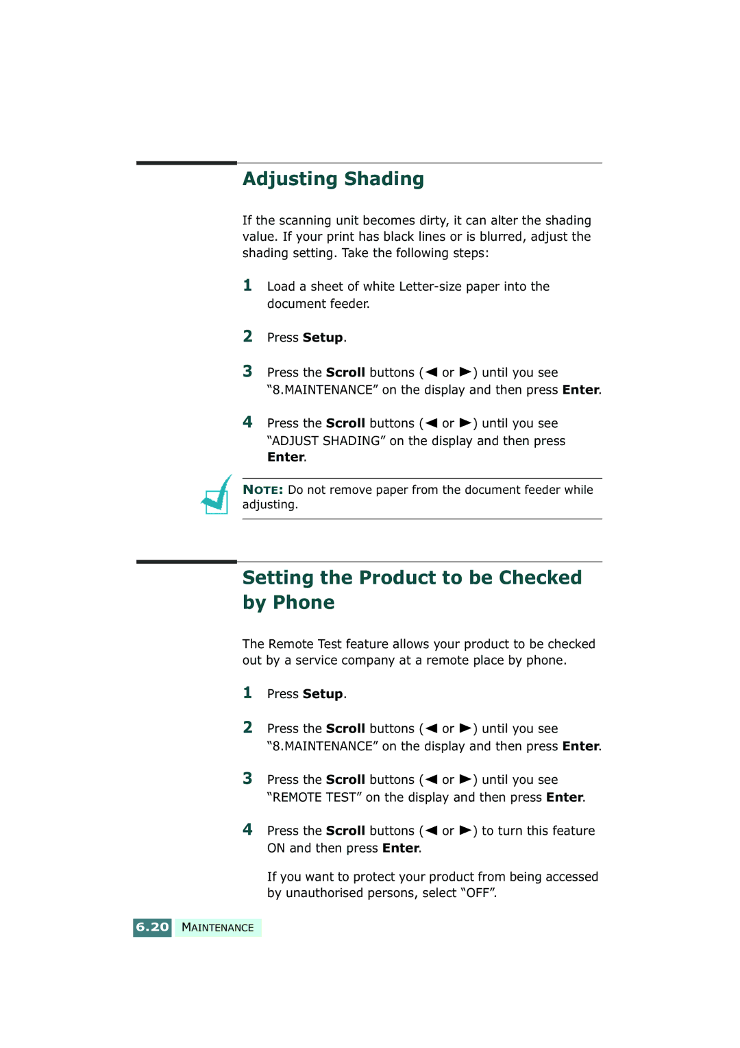 Samsung SF-430 manual Adjusting Shading, Setting the Product to be Checked by Phone 