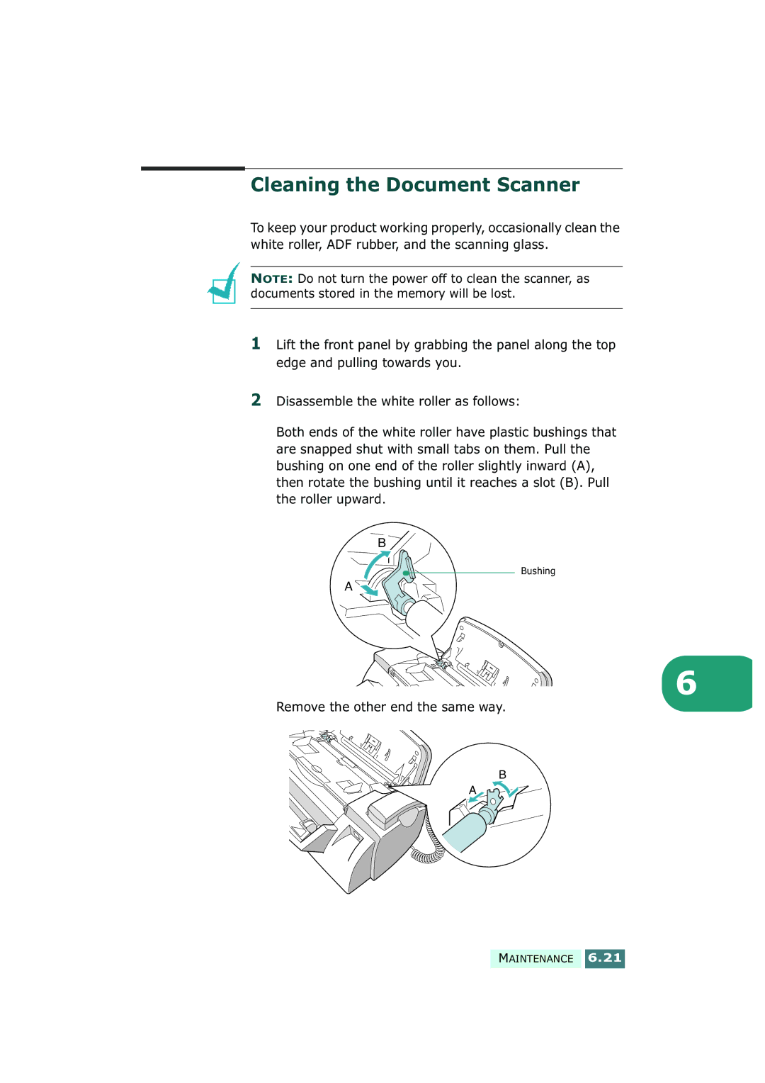 Samsung SF-430 manual Cleaning the Document Scanner, Remove the other end the same way 