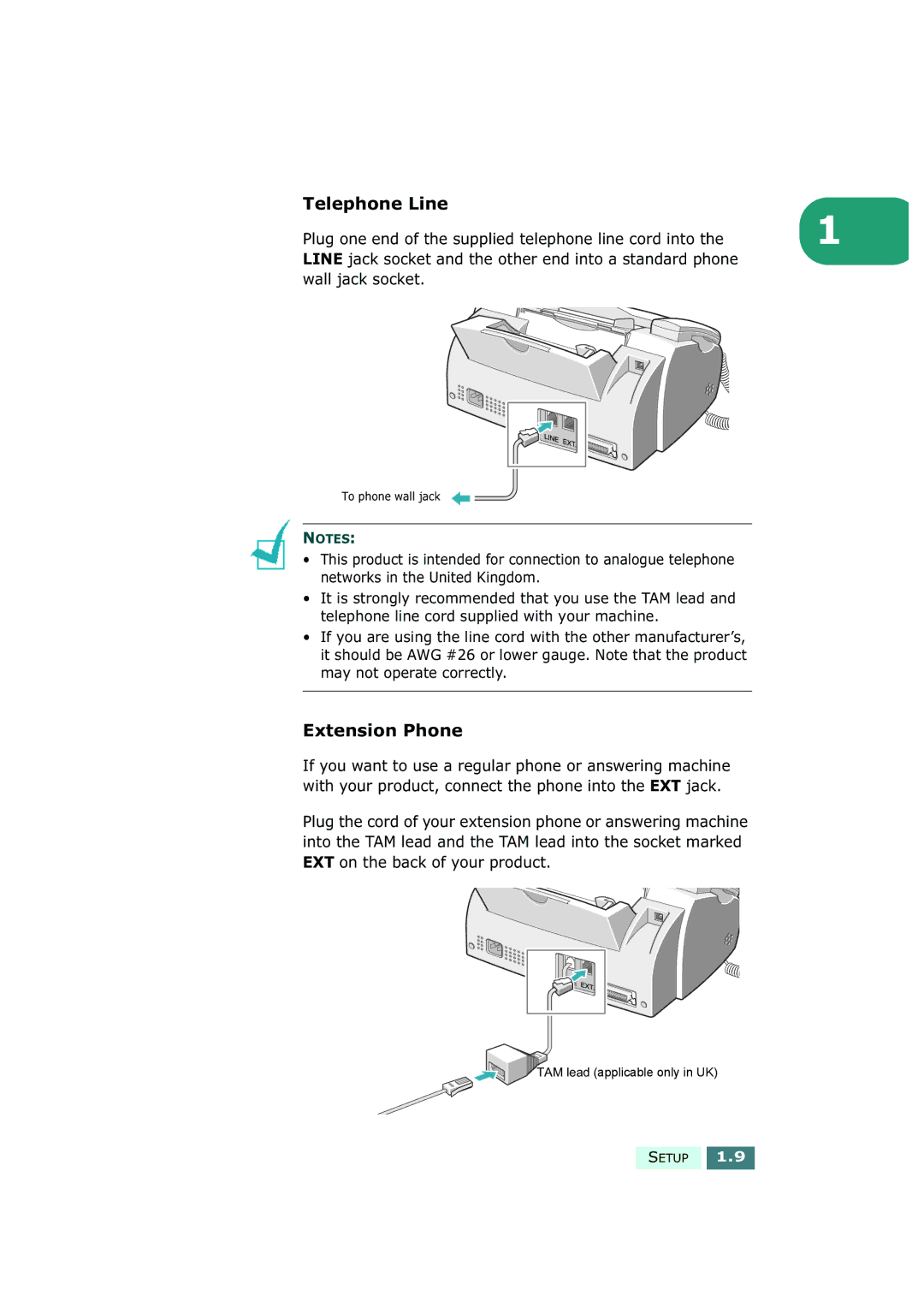 Samsung SF-430 manual Telephone Line, Extension Phone 