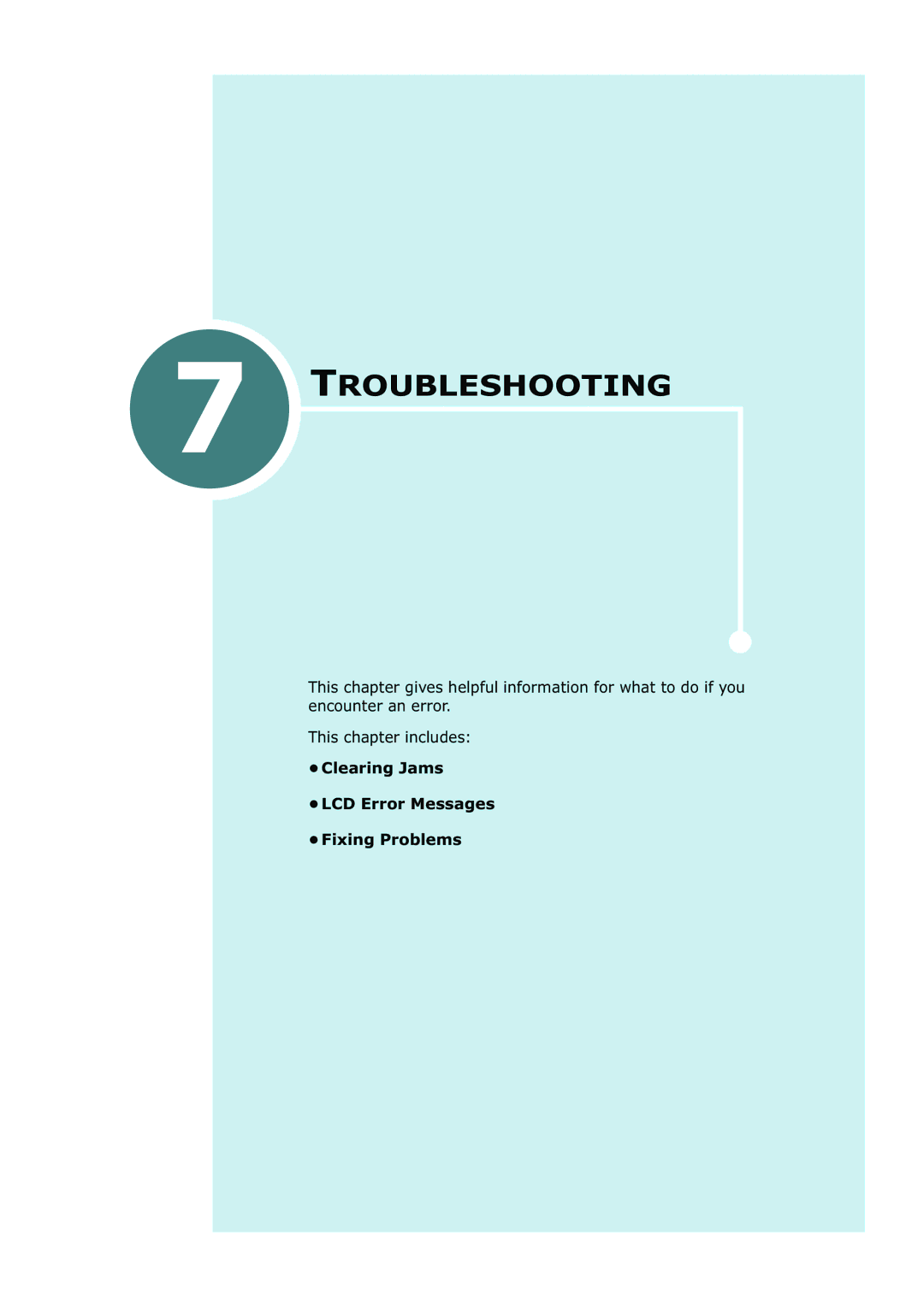 Samsung SF-430 manual Troubleshooting, Clearing Jams LCD Error Messages Fixing Problems 