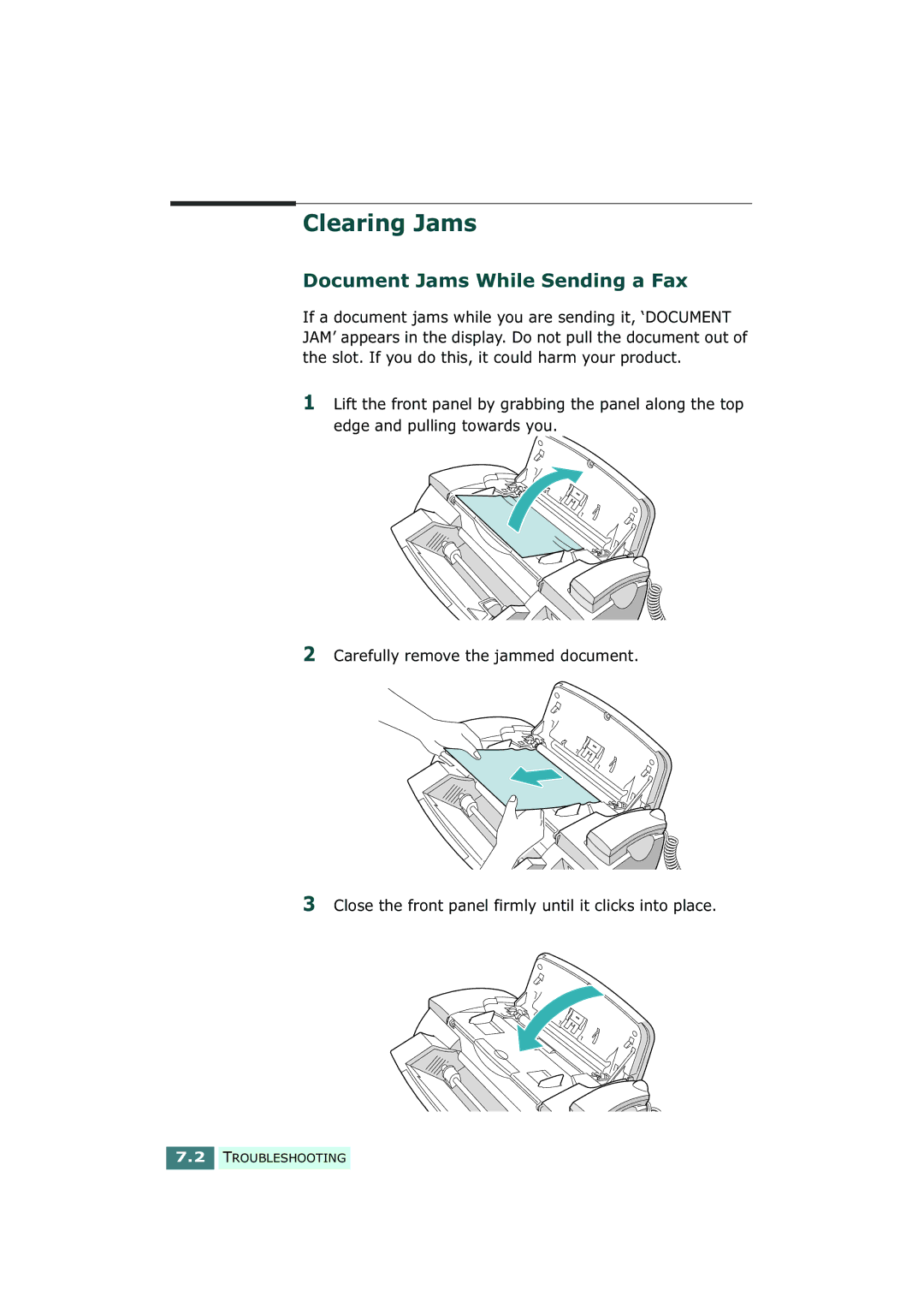 Samsung SF-430 manual Clearing Jams, Document Jams While Sending a Fax 