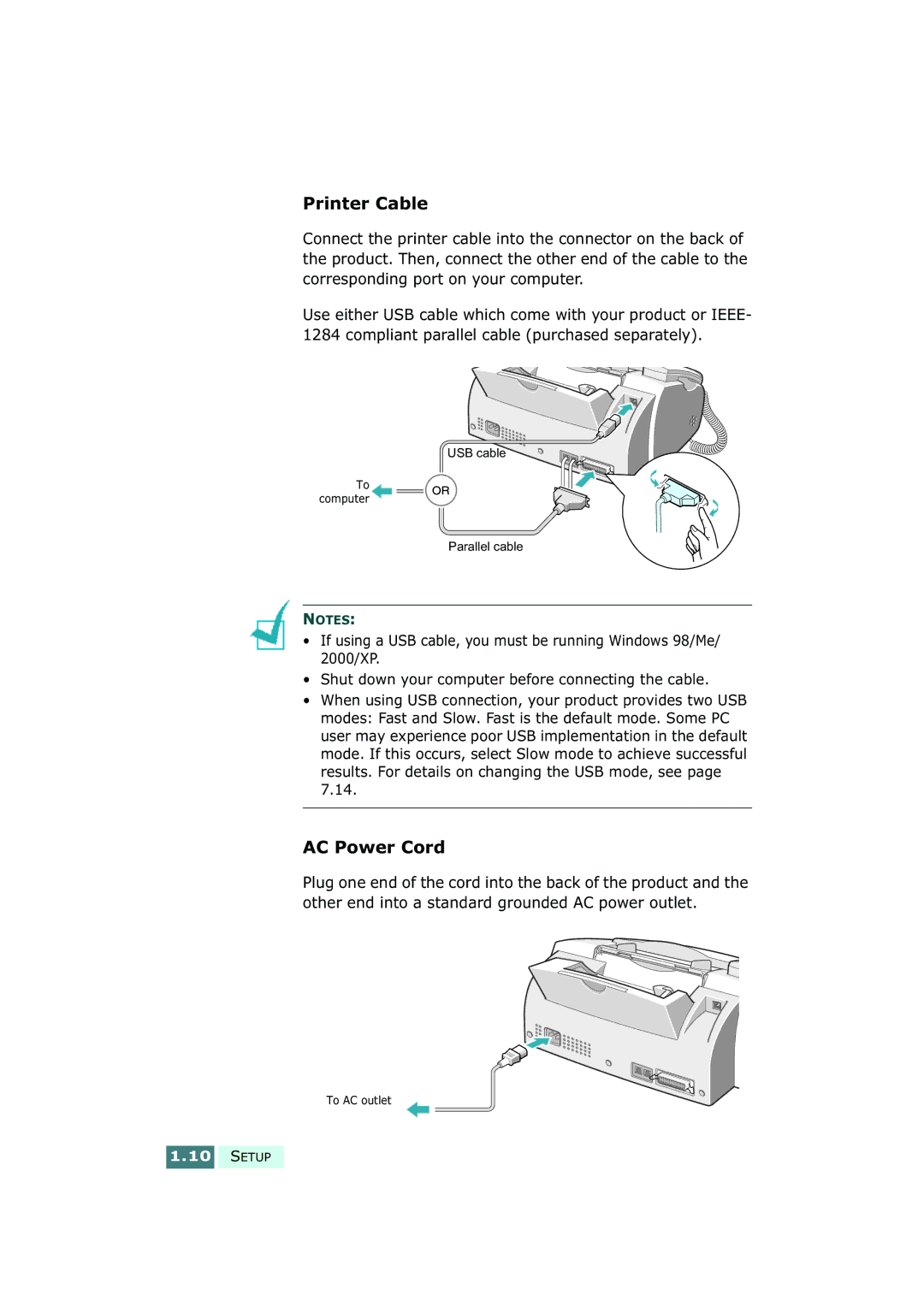 Samsung SF-430 manual Printer Cable, AC Power Cord 