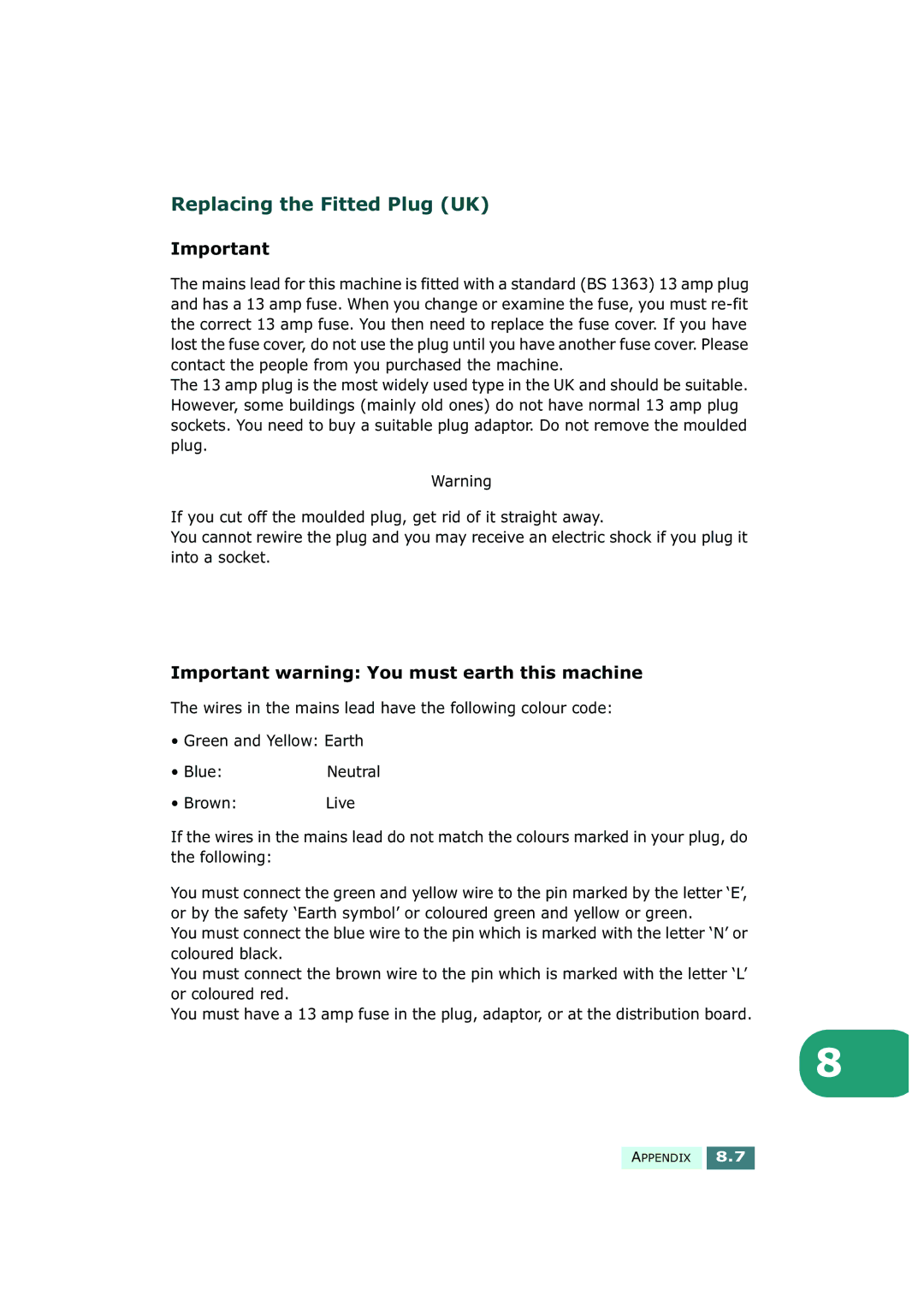 Samsung SF-430 manual Replacing the Fitted Plug UK, Important warning You must earth this machine 