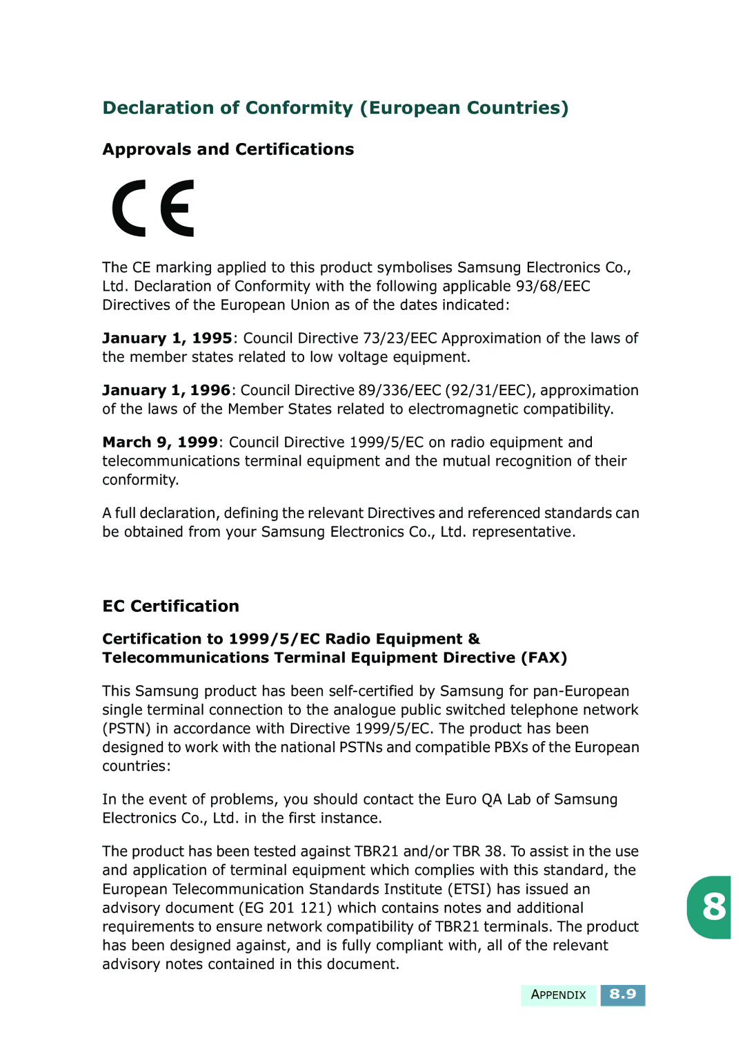 Samsung SF-430 manual Declaration of Conformity European Countries, Approvals and Certifications, EC Certification 