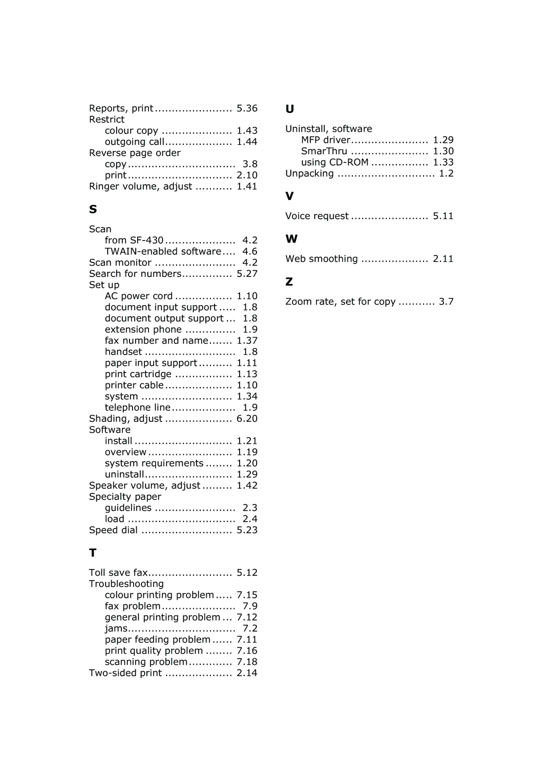 Samsung SF-430 TWAIN-enabled software, Speed dial, Uninstall, software MFP driver SmarThru Using CD-ROM, Web smoothing 