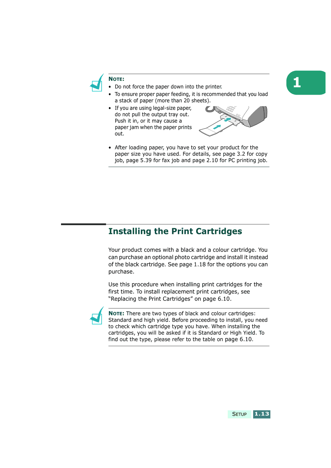 Samsung SF-430 manual Installing the Print Cartridges, Do not force the paper down into the printer 