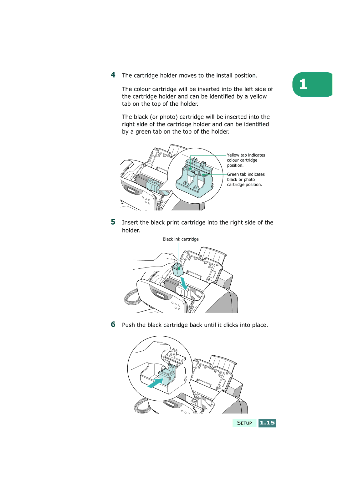 Samsung SF-430 manual Push the black cartridge back until it clicks into place 