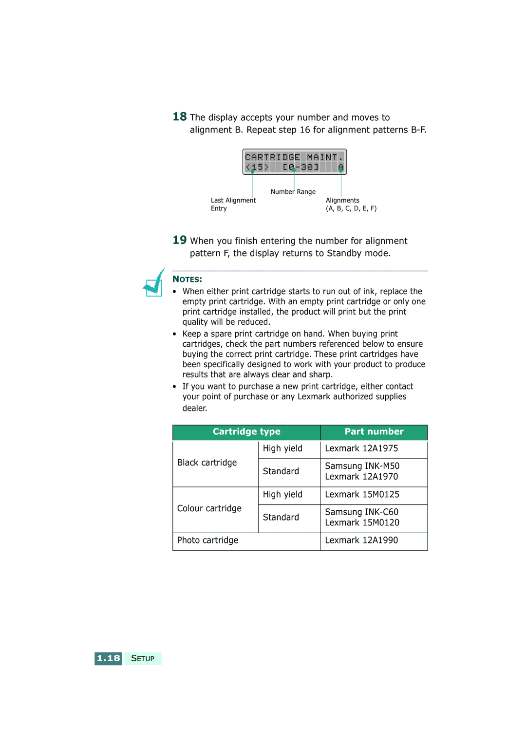 Samsung SF-430 manual Cartridge type Part number 