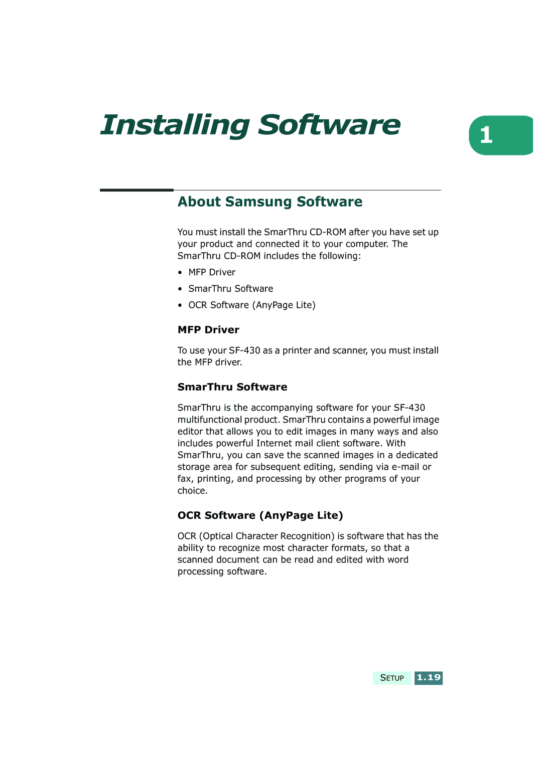 Samsung SF-430 manual About Samsung Software, MFP Driver, SmarThru Software, OCR Software AnyPage Lite 