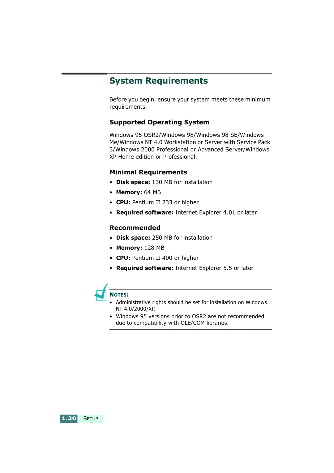 Samsung SF-430 manual System Requirements, Supported Operating System, Minimal Requirements, Recommended 