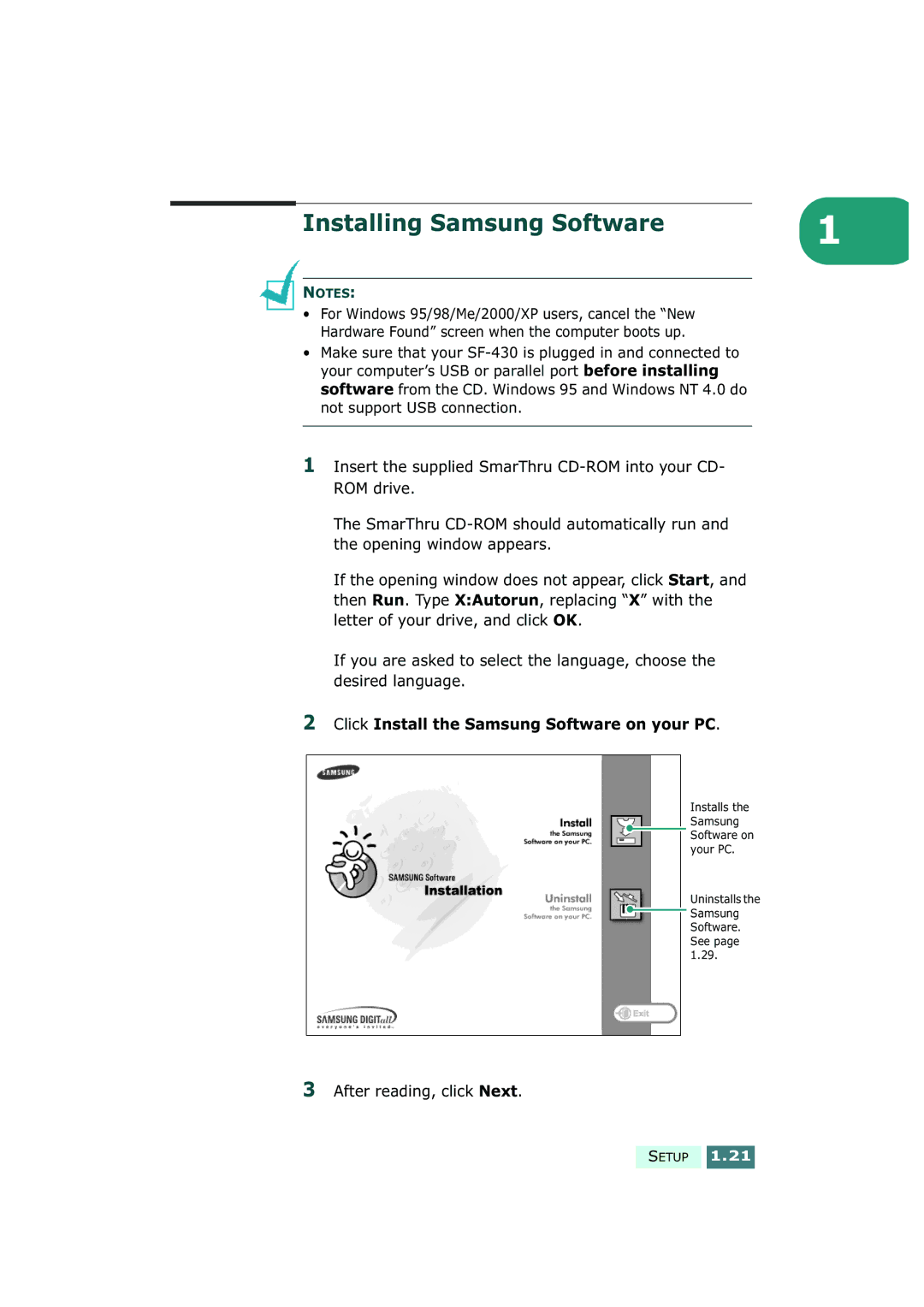 Samsung SF-430 manual Installing Samsung Software, Click Install the Samsung Software on your PC, After reading, click Next 