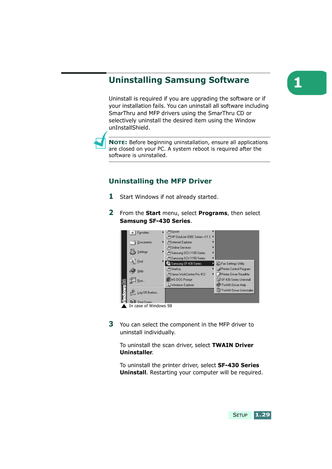 Samsung SF-430 manual Uninstalling Samsung Software, Uninstalling the MFP Driver 