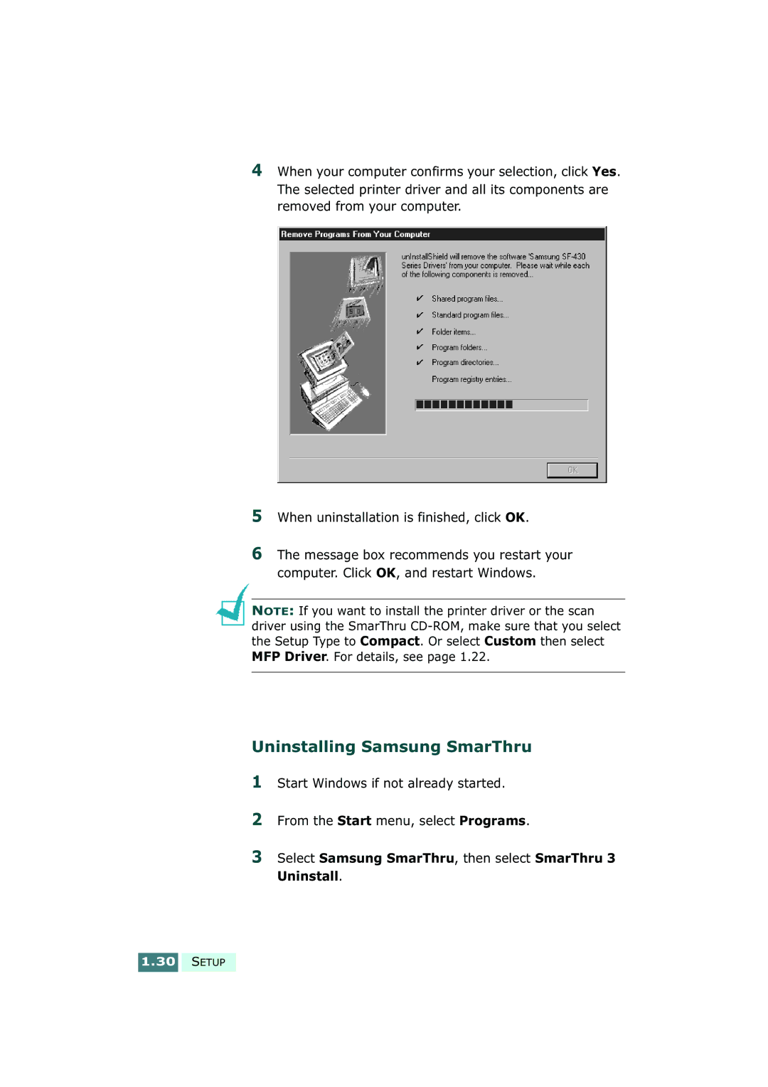 Samsung SF-430 manual Uninstalling Samsung SmarThru, Select Samsung SmarThru, then select SmarThru 3 Uninstall 