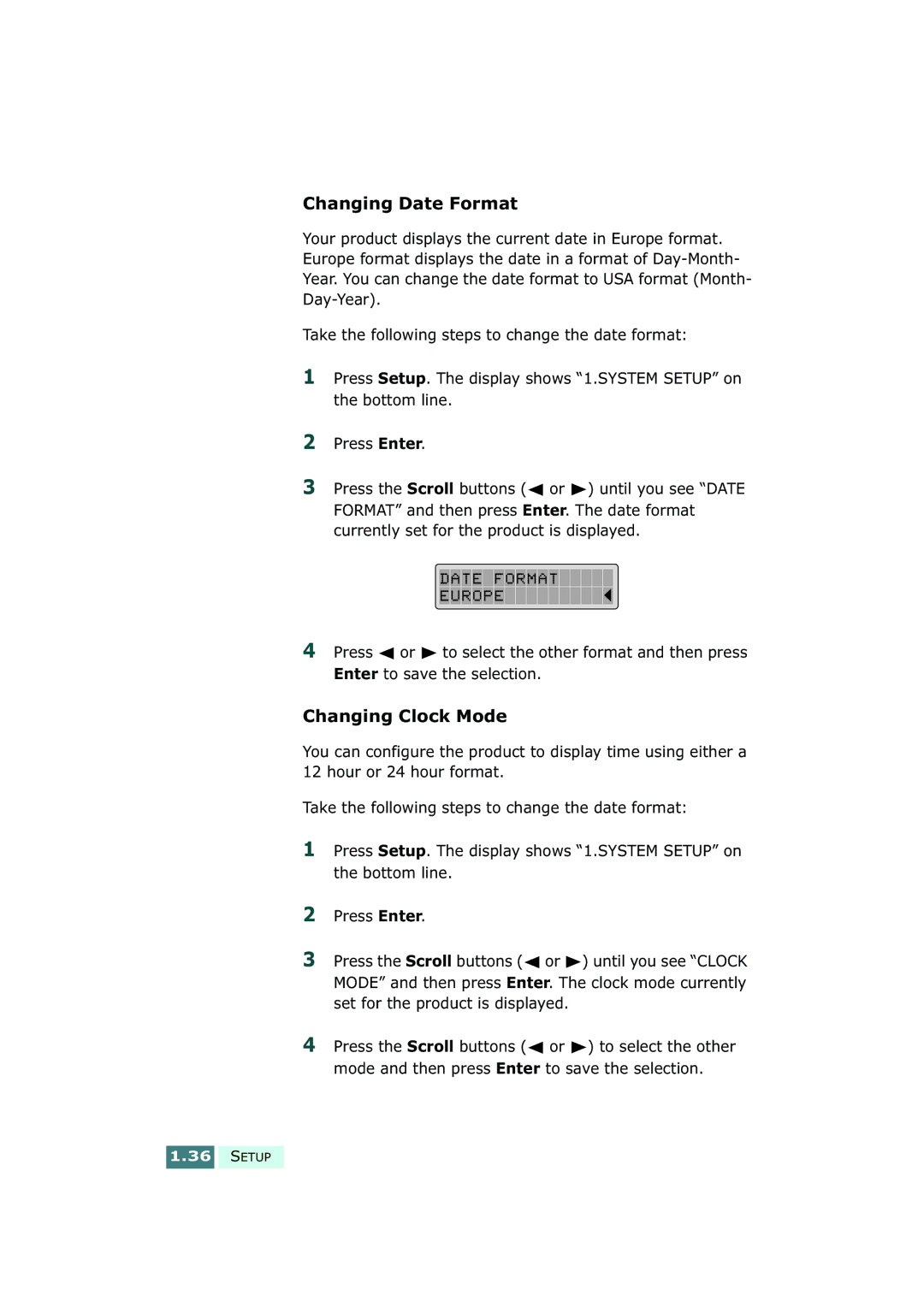 Samsung SF-430 manual Changing Date Format, Changing Clock Mode 