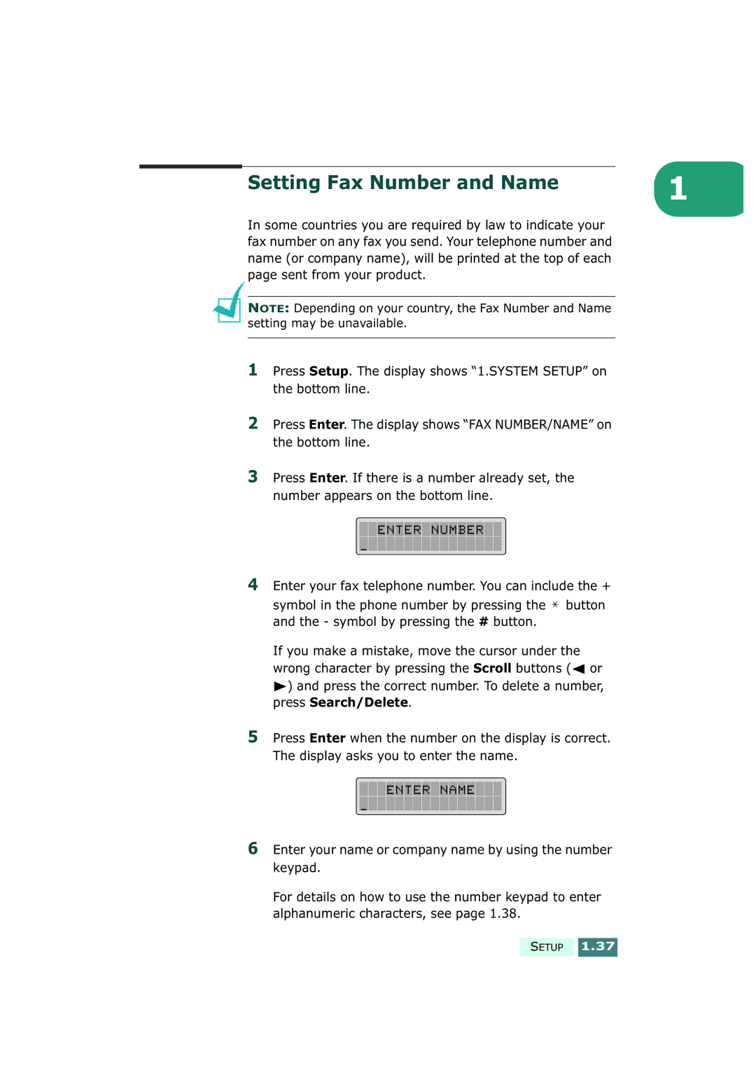 Samsung SF-430 manual Setting Fax Number and Name 