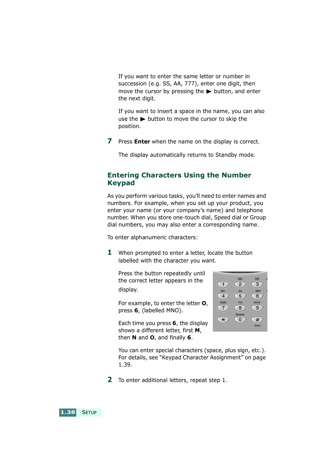 Samsung SF-430 manual Entering Characters Using the Number Keypad 