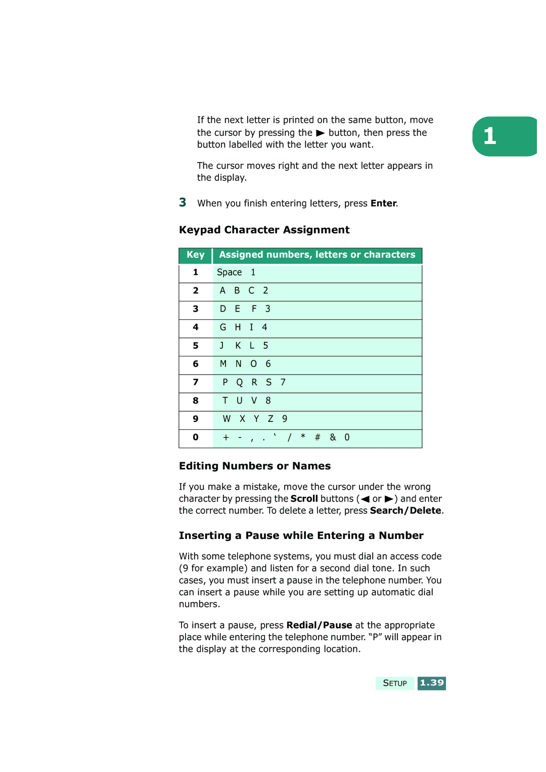 Samsung SF-430 manual Keypad Character Assignment, Editing Numbers or Names, Inserting a Pause while Entering a Number 