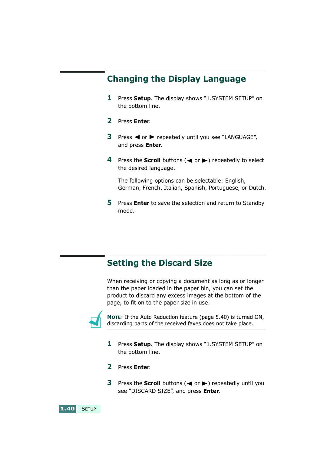 Samsung SF-430 manual Changing the Display Language, Setting the Discard Size 