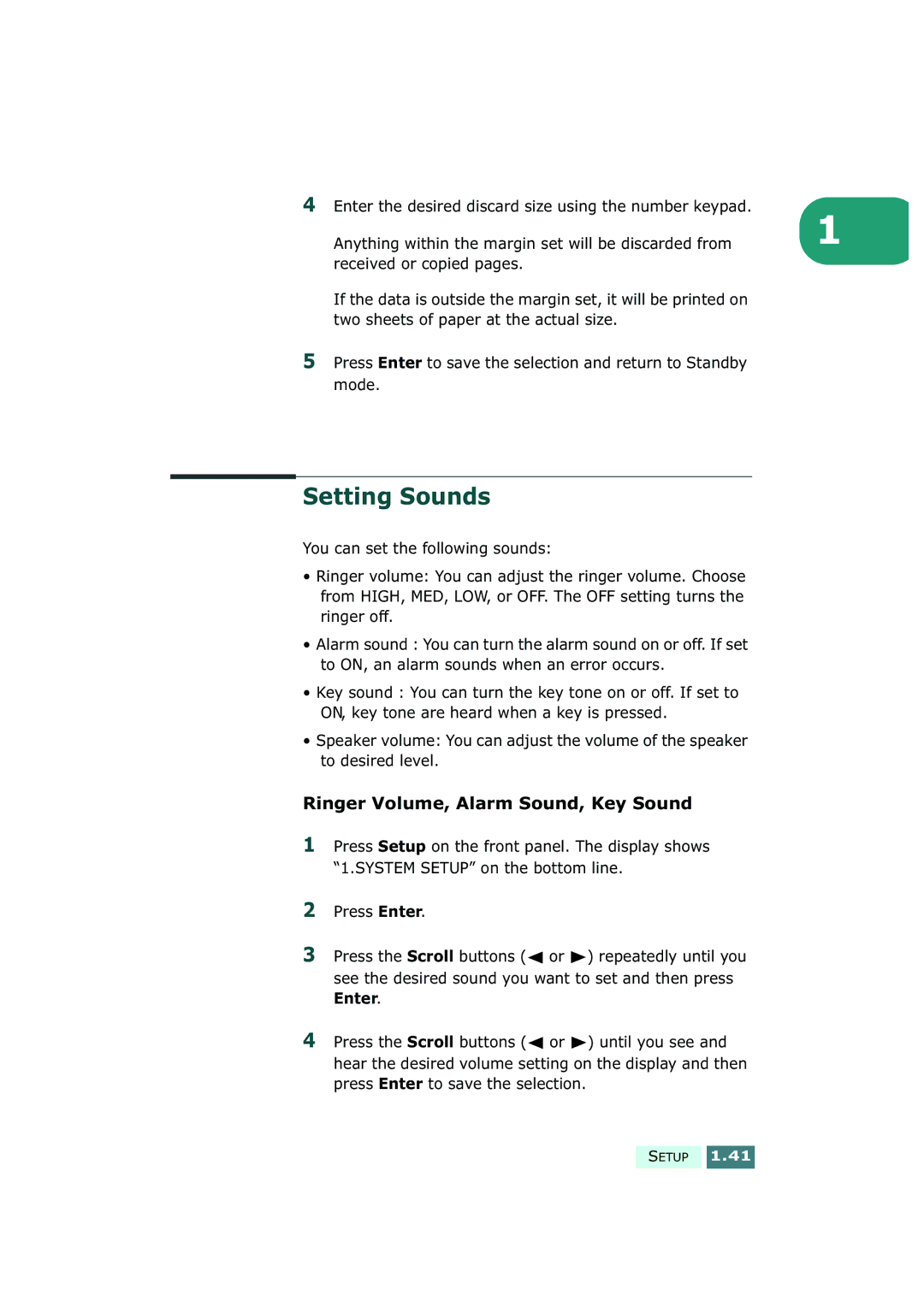 Samsung SF-430 manual Setting Sounds, Ringer Volume, Alarm Sound, Key Sound 