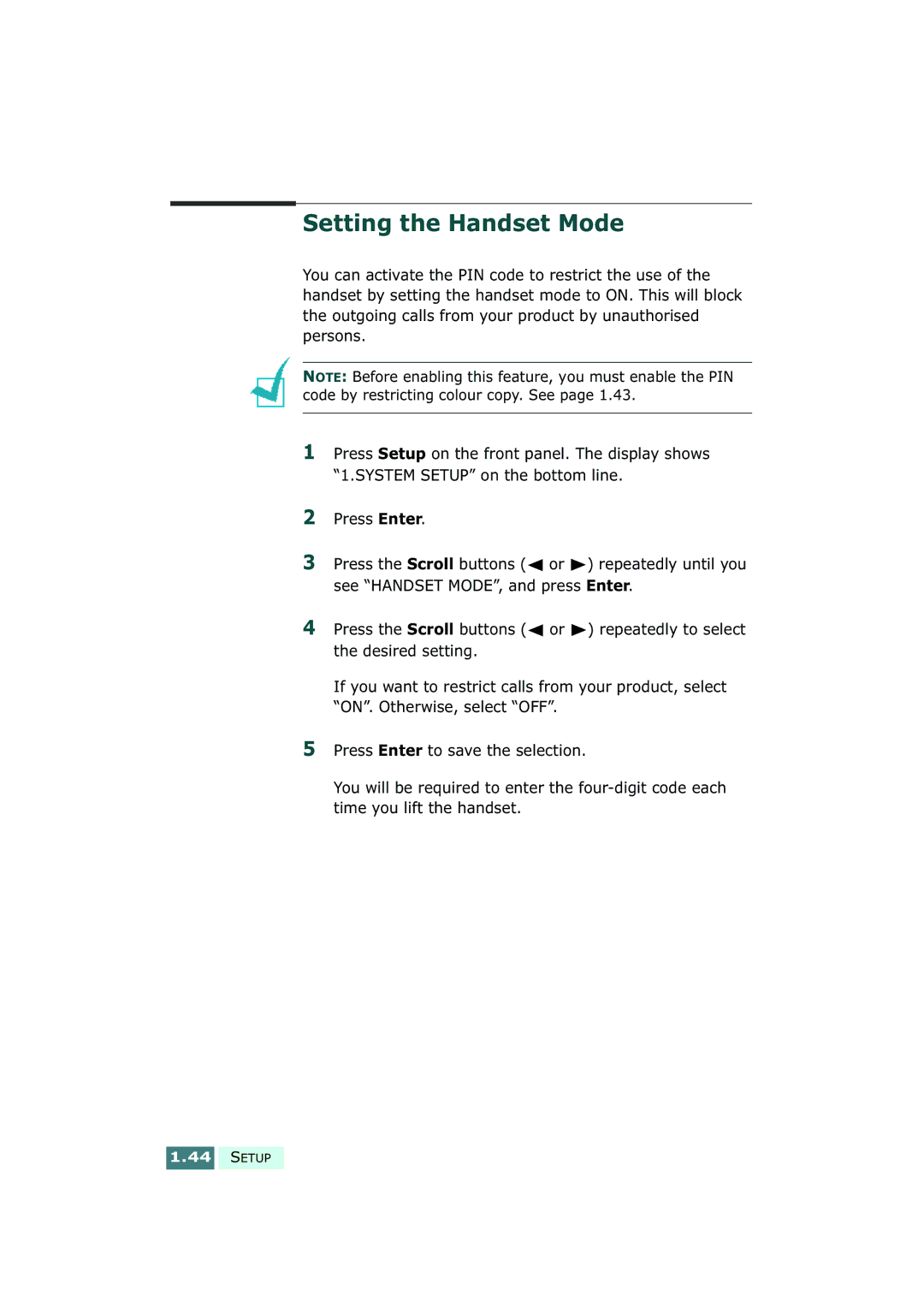 Samsung SF-430 manual Setting the Handset Mode 