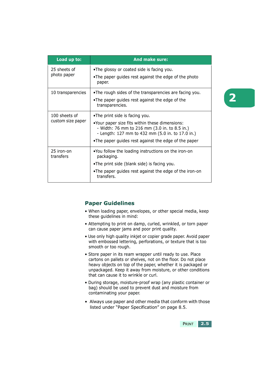 Samsung SF-430 manual Paper Guidelines, Paper guides rest against the edge, Transparencies Sheets Print side is facing you 