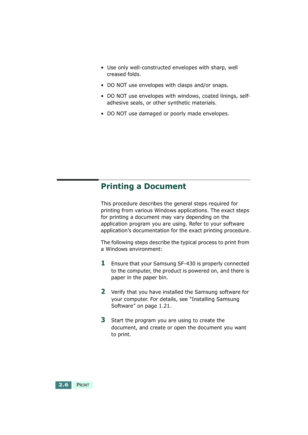 Samsung SF-430 manual Printing a Document 