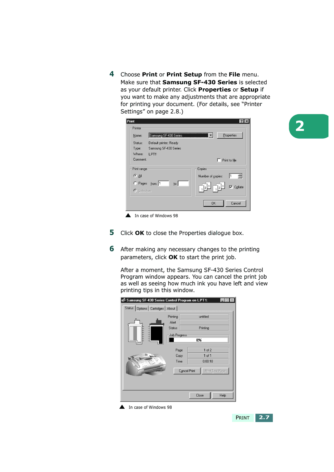 Samsung SF-430 manual Click OK to close the Properties dialogue box 