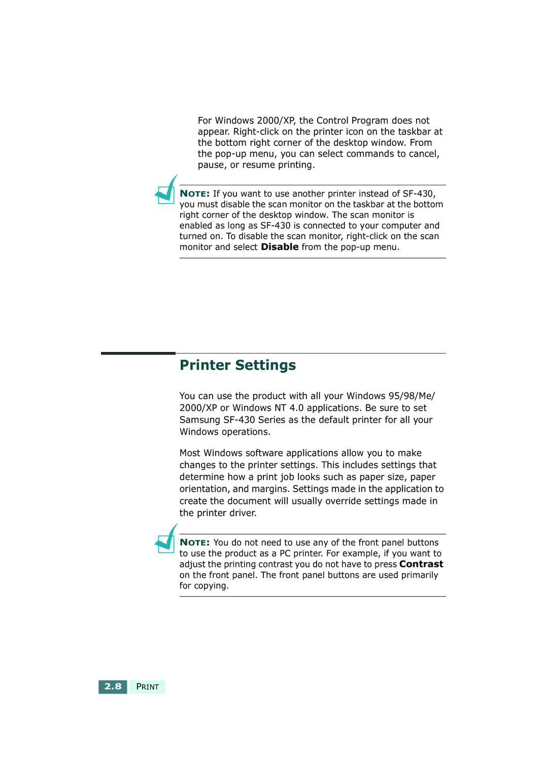 Samsung SF-430 manual Printer Settings 