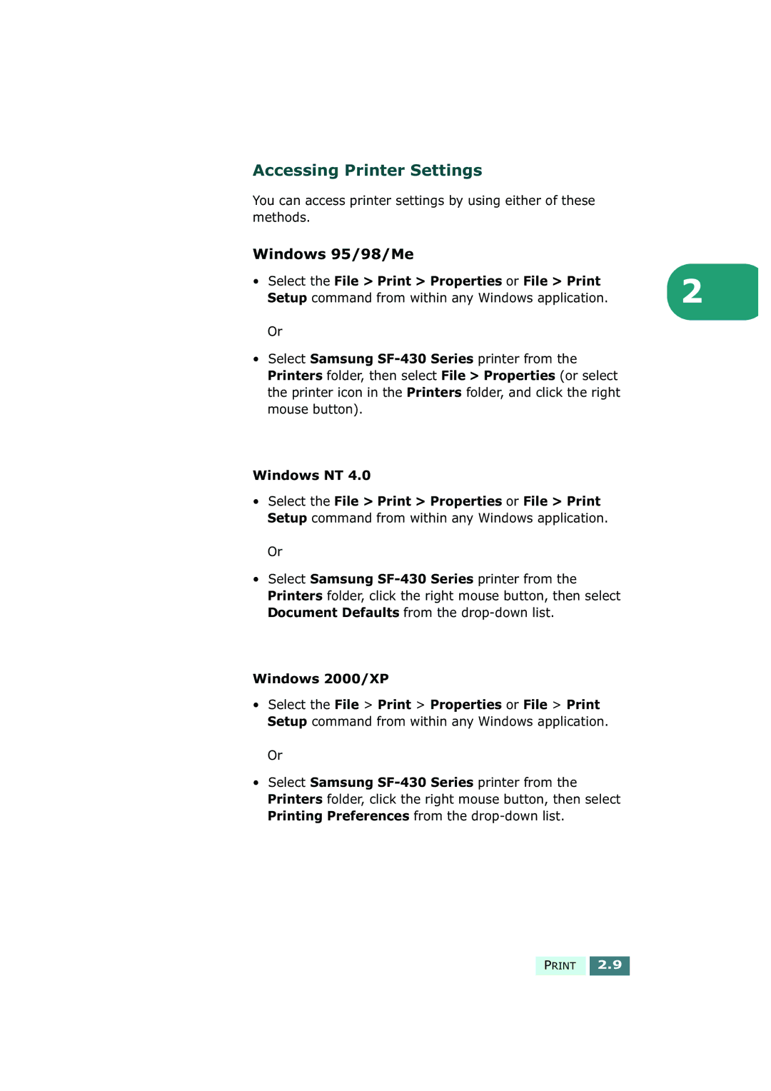 Samsung SF-430 Accessing Printer Settings, Windows 95/98/Me, Select the File Print Properties or File Print, Windows NT 