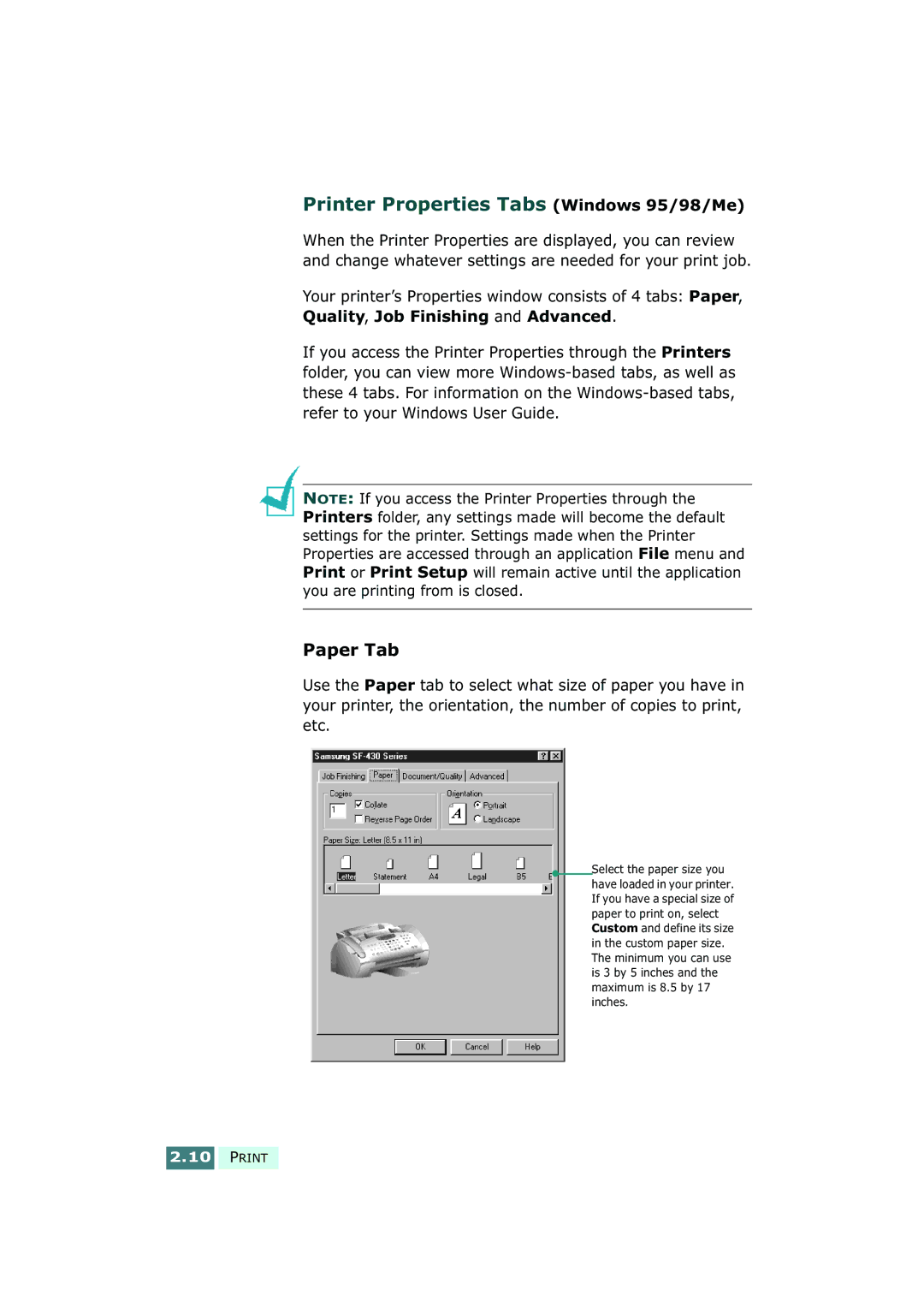Samsung SF-430 manual Printer Properties Tabs Windows 95/98/Me, Paper Tab 
