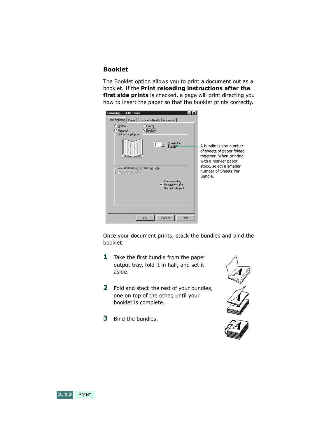 Samsung SF-430 manual Booklet option allows you to print a document out as a 
