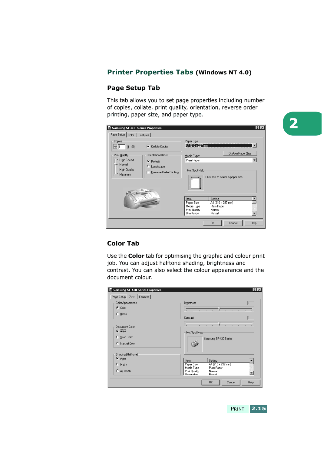 Samsung SF-430 manual Printer Properties Tabs Windows NT, Setup Tab, Color Tab 