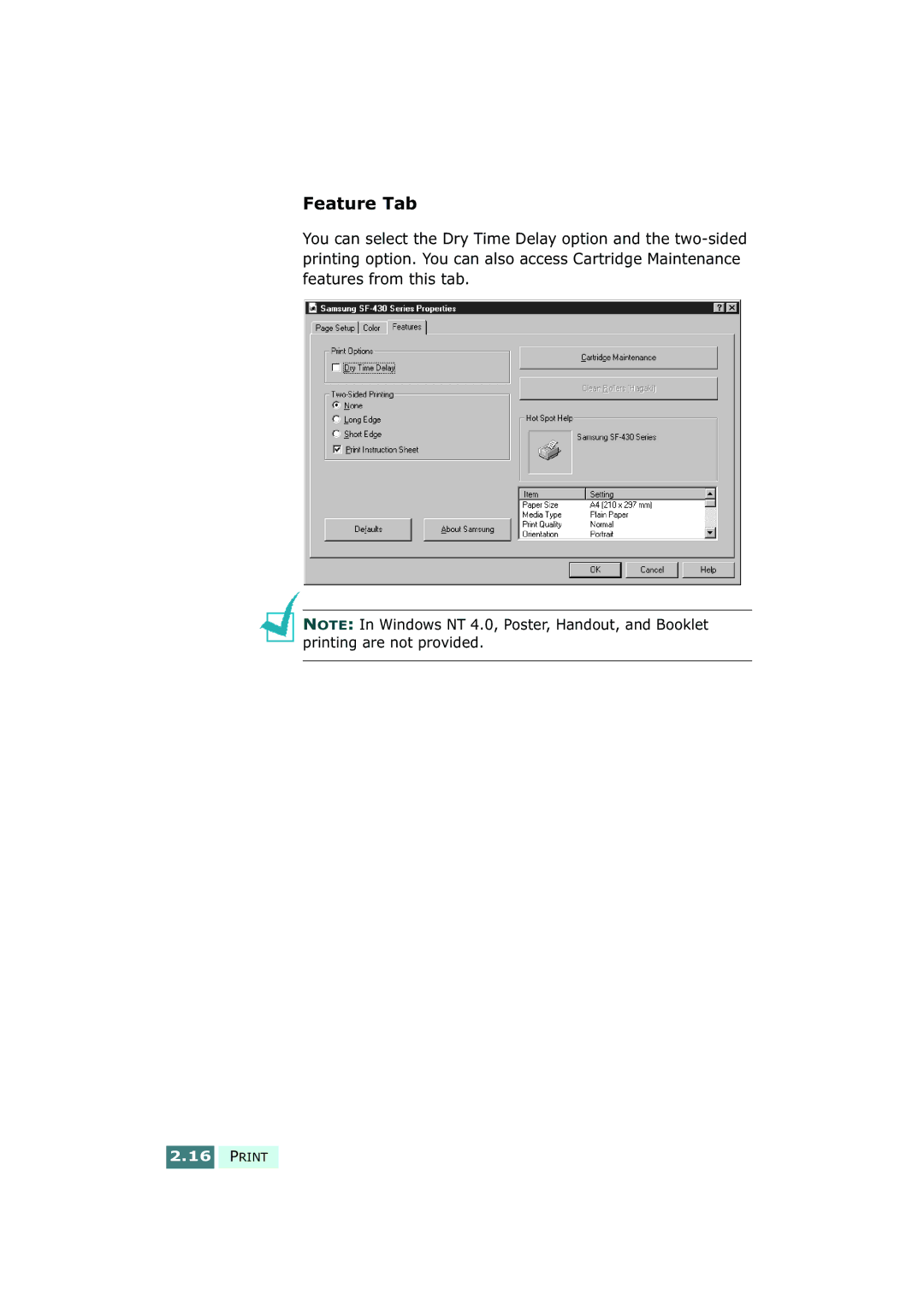 Samsung SF-430 manual Feature Tab 