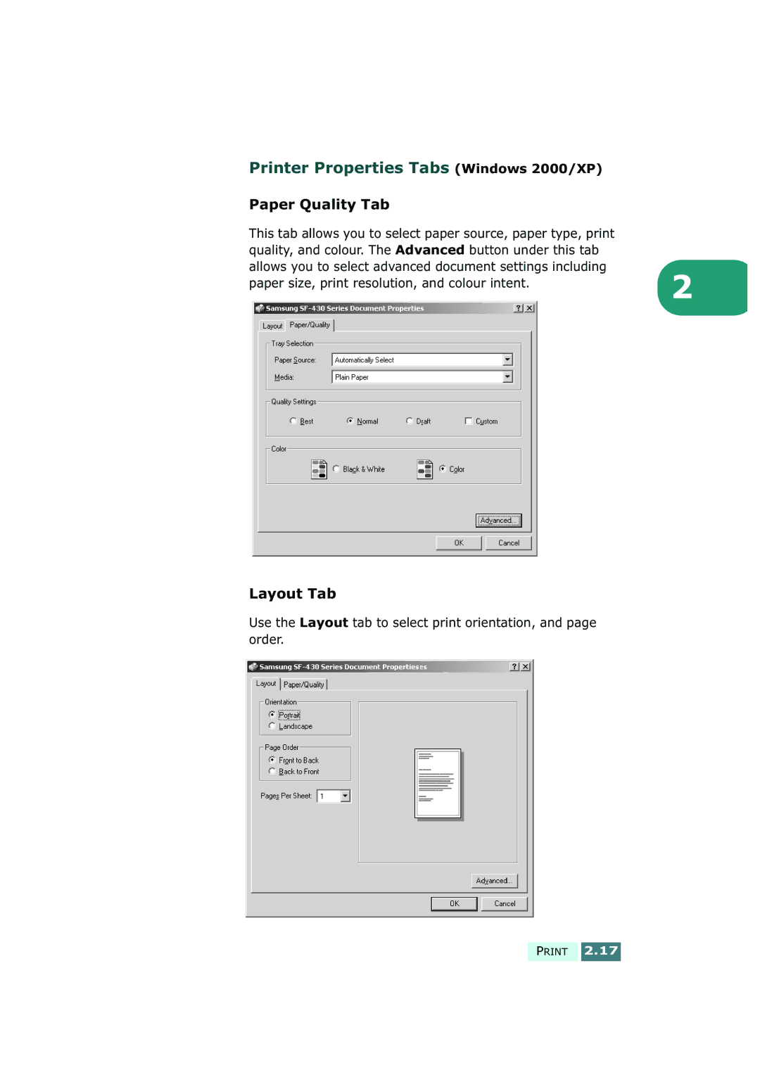 Samsung SF-430 manual Printer Properties Tabs Windows 2000/XP, Paper Quality Tab, Layout Tab 