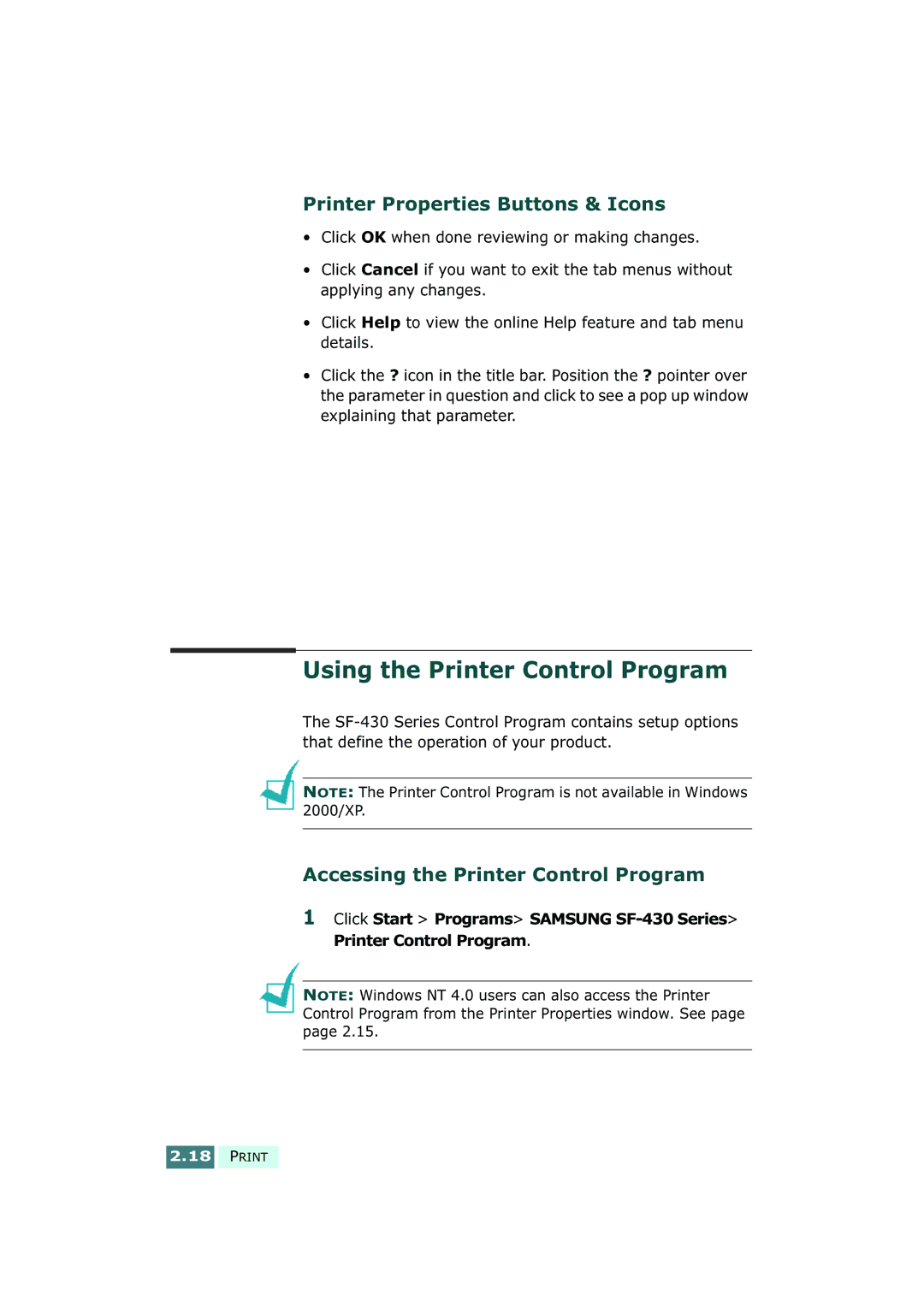 Samsung SF-430 manual Using the Printer Control Program, Printer Properties Buttons & Icons 